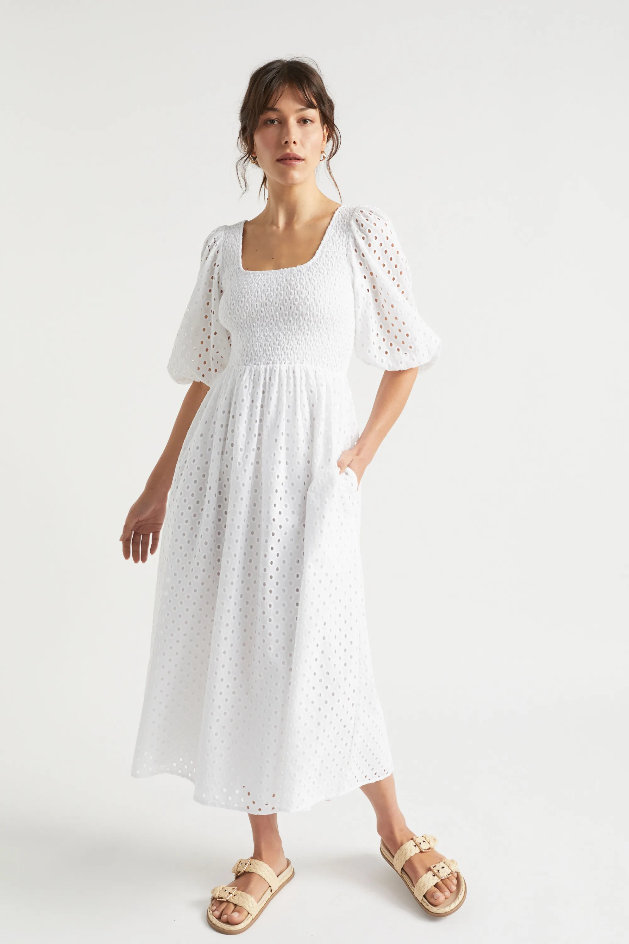 Woman Seed Heritage Dresses-Broderie Shirred Midi Dress