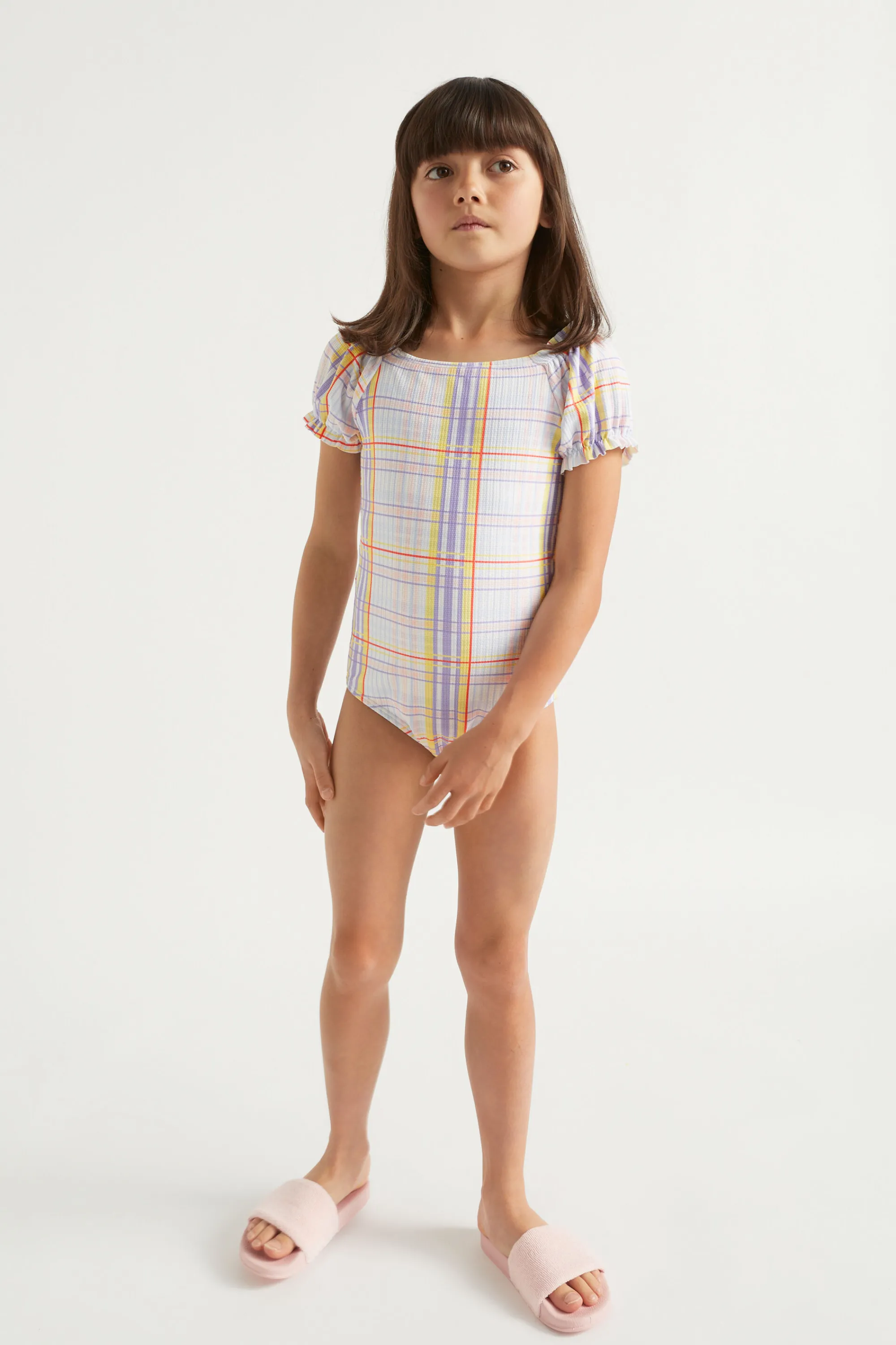 Girl Seed Heritage Swimwear-Check Puff Sleeve Bather