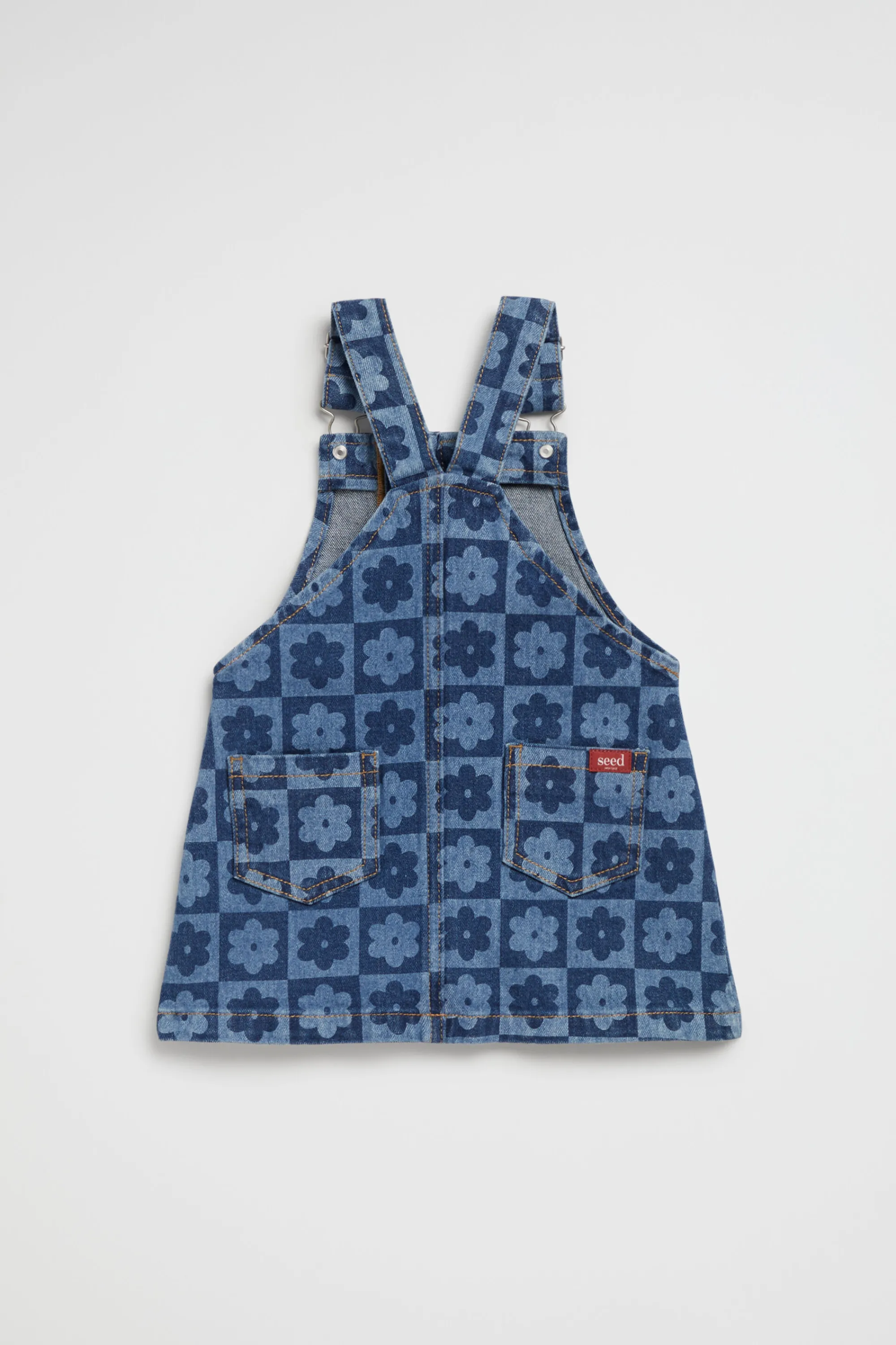 Baby Girl Seed Heritage Dresses-Checked Denim Pinafore