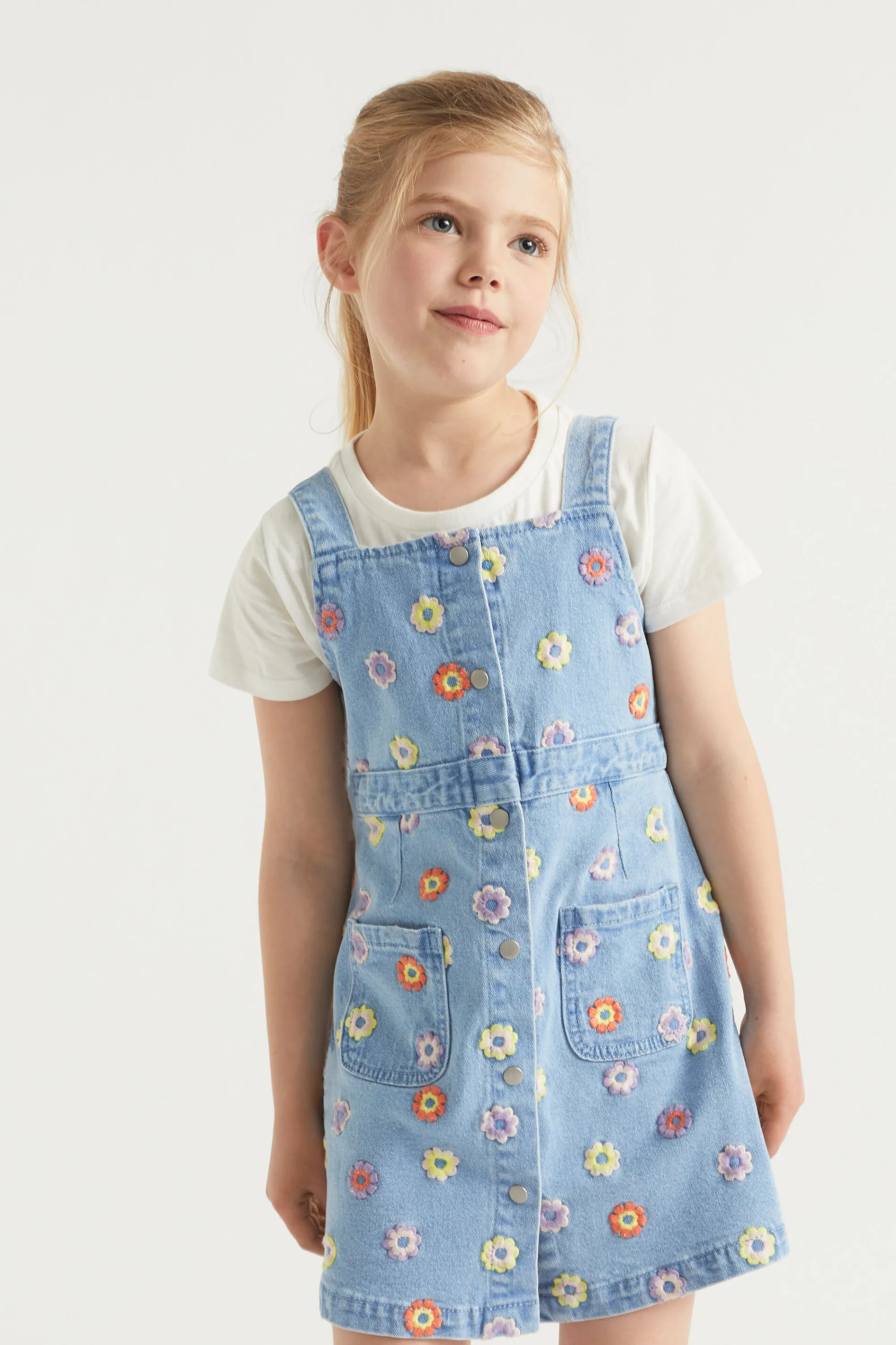 Girl Seed Heritage Denim & Jeans-Floral Embroidered Pinafore