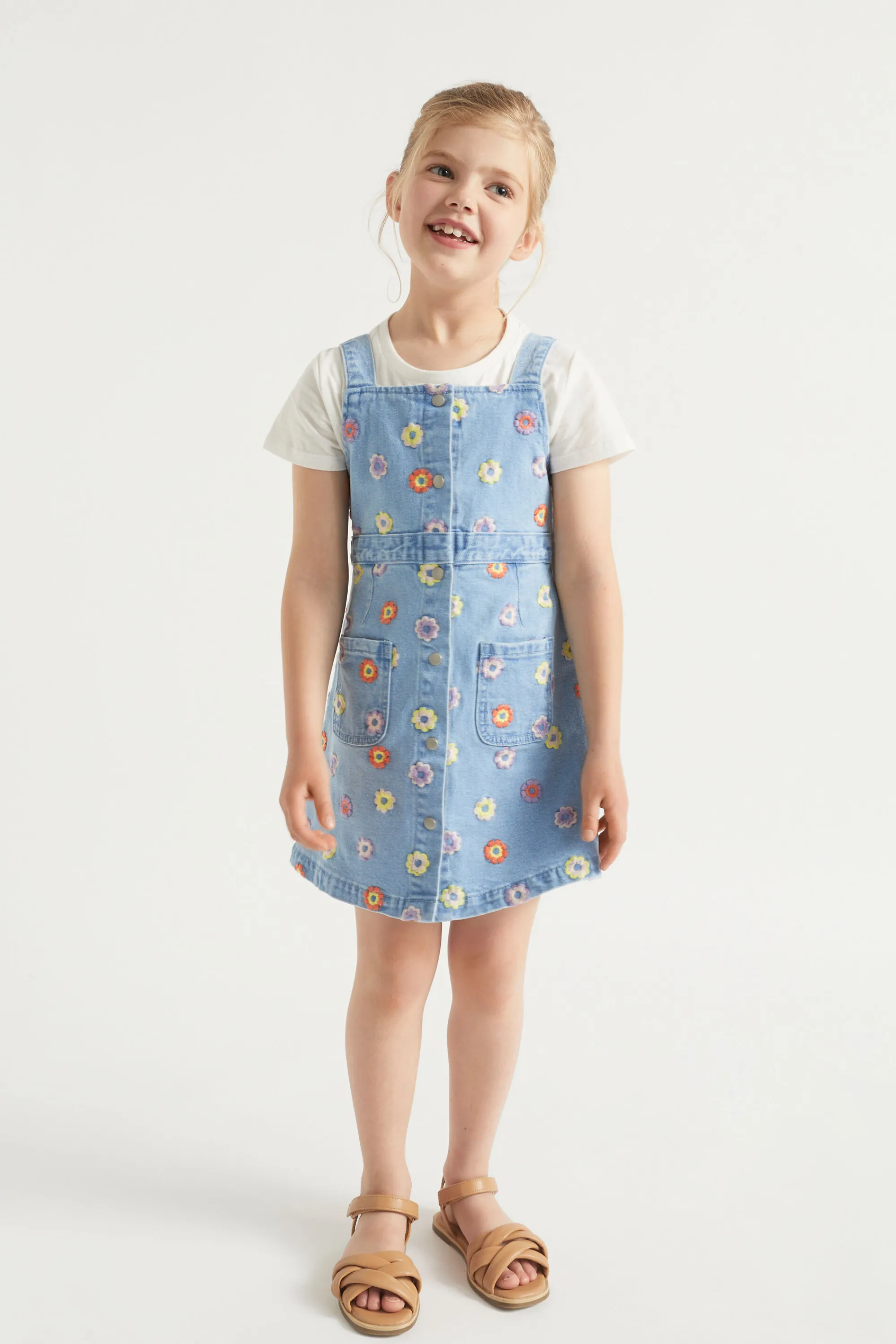 Girl Seed Heritage Denim & Jeans-Floral Embroidered Pinafore