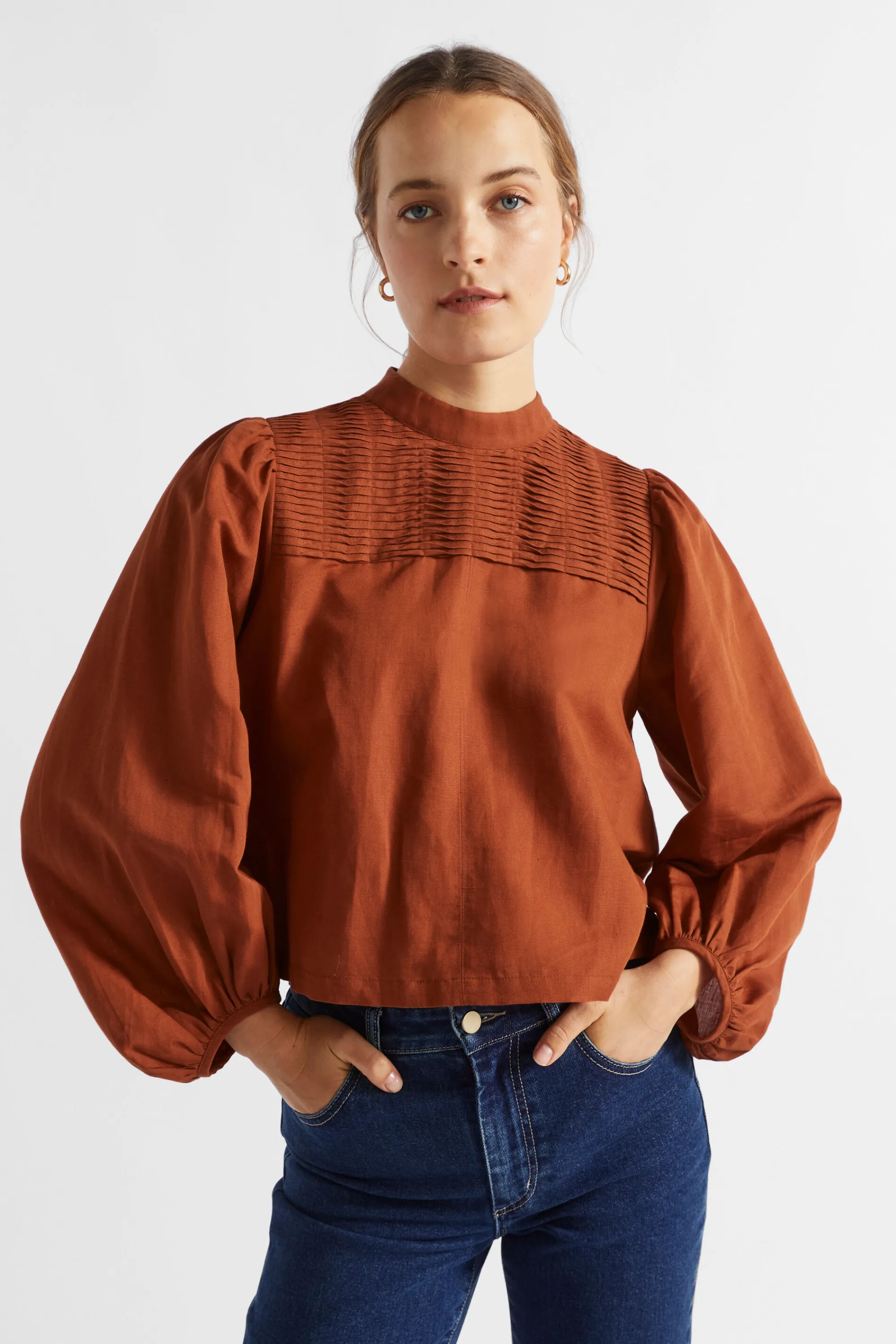 Woman Seed Heritage T-Shirts & Tops-Linen Blend Pintuck Blouse