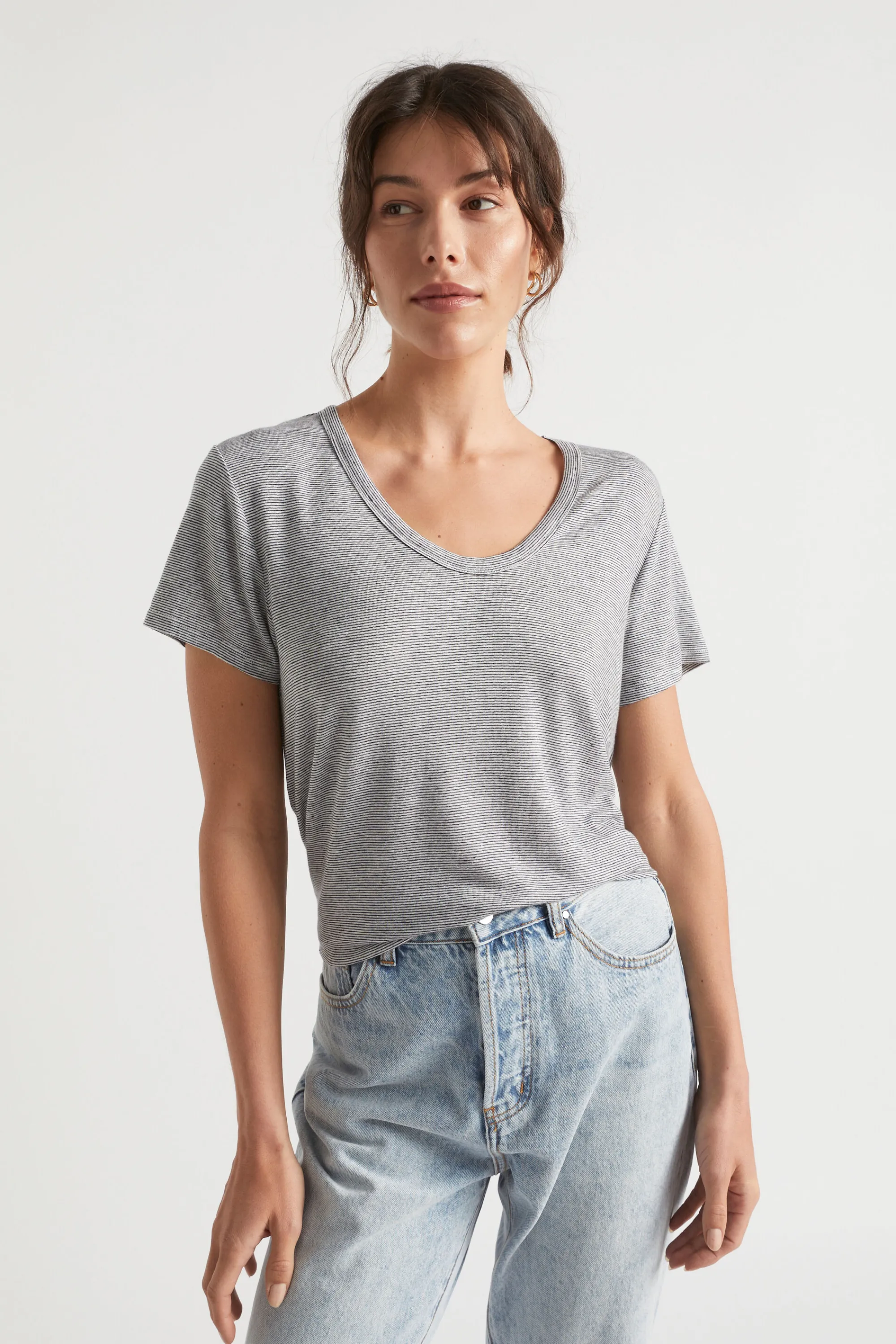 Woman Seed Heritage T-Shirts & Tops-Linen Blend Stripe Tee