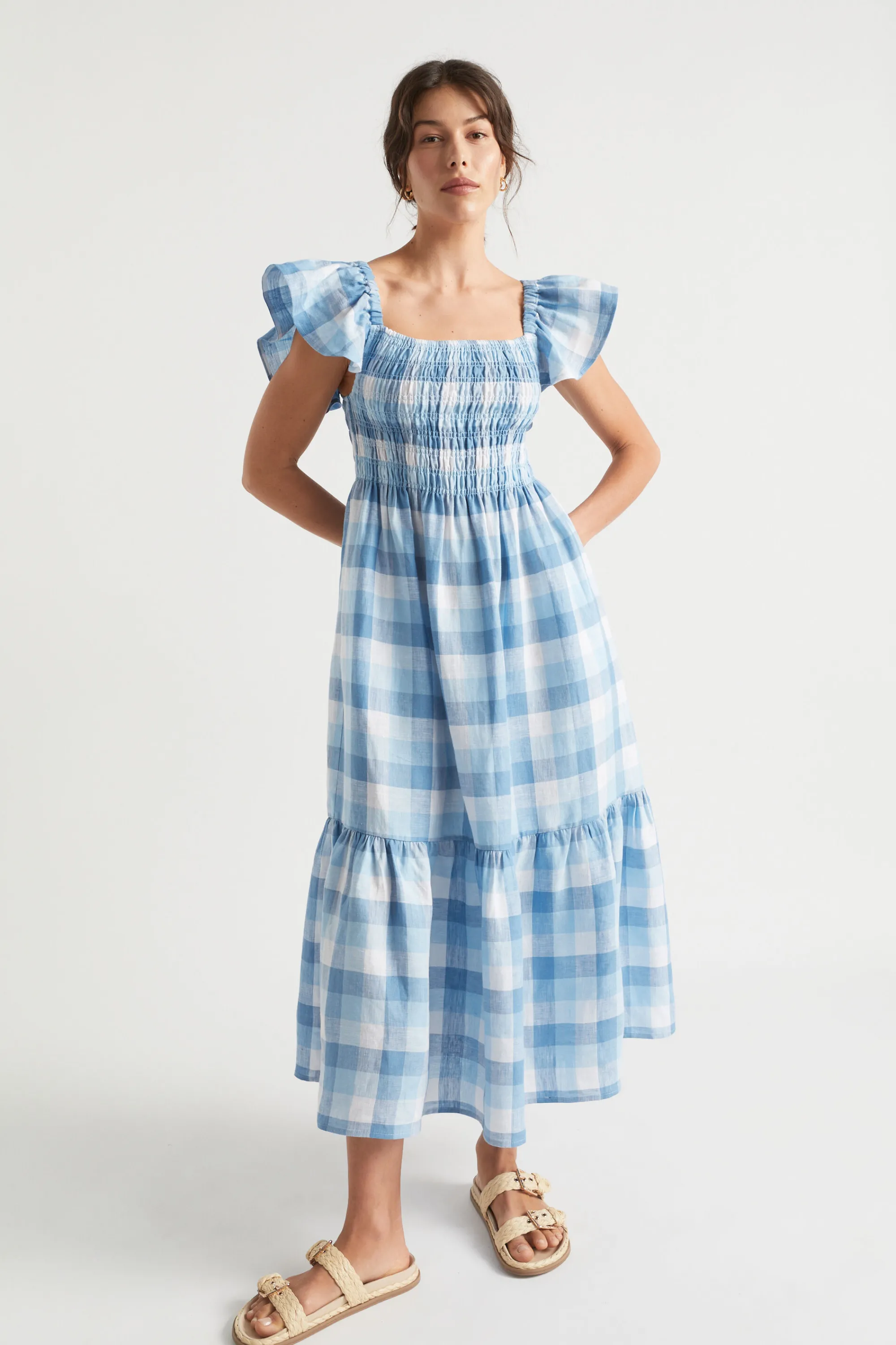 Woman Seed Heritage Dresses-Linen Check Midi Dress