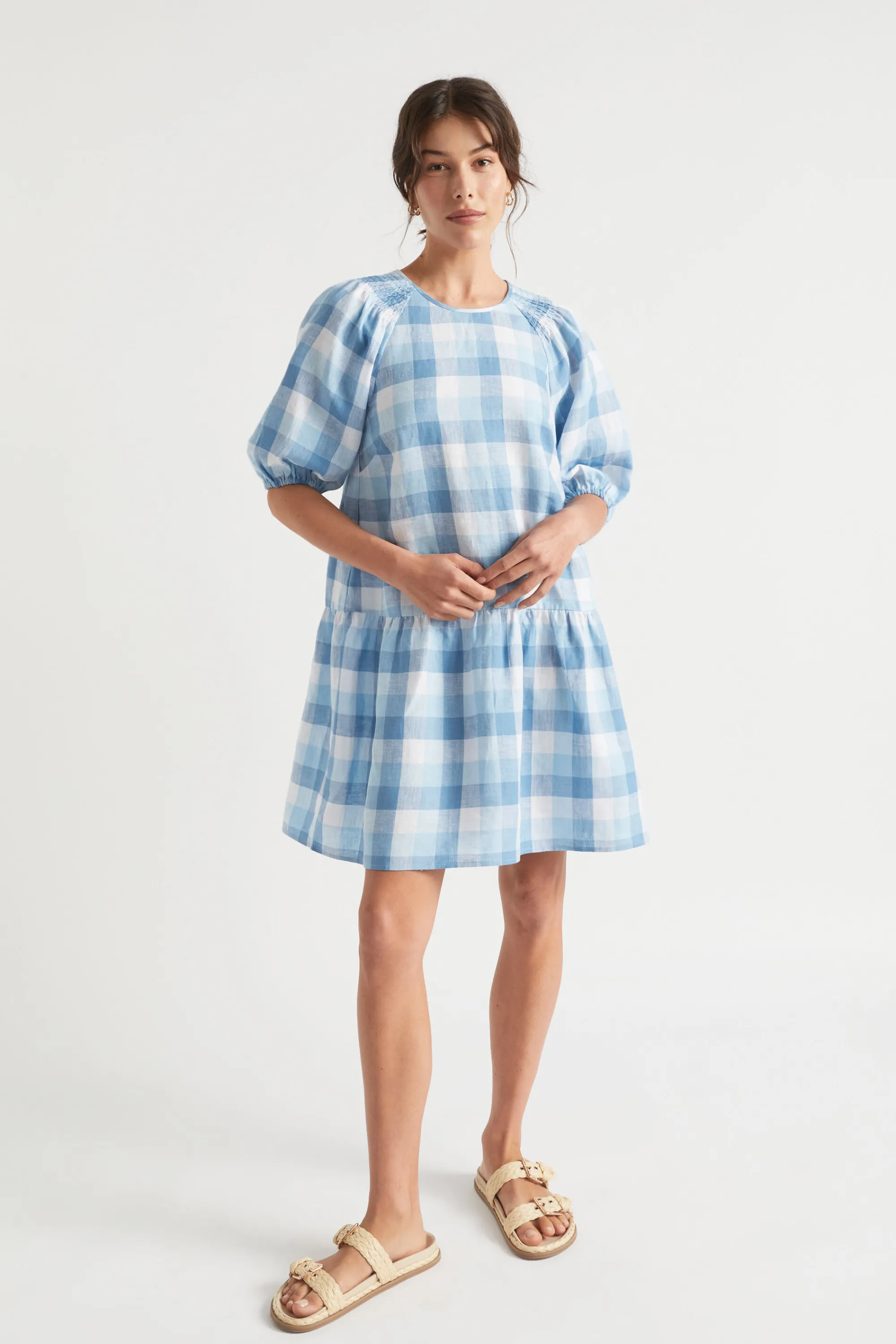 Woman Seed Heritage Dresses-Linen Check Mini Dress