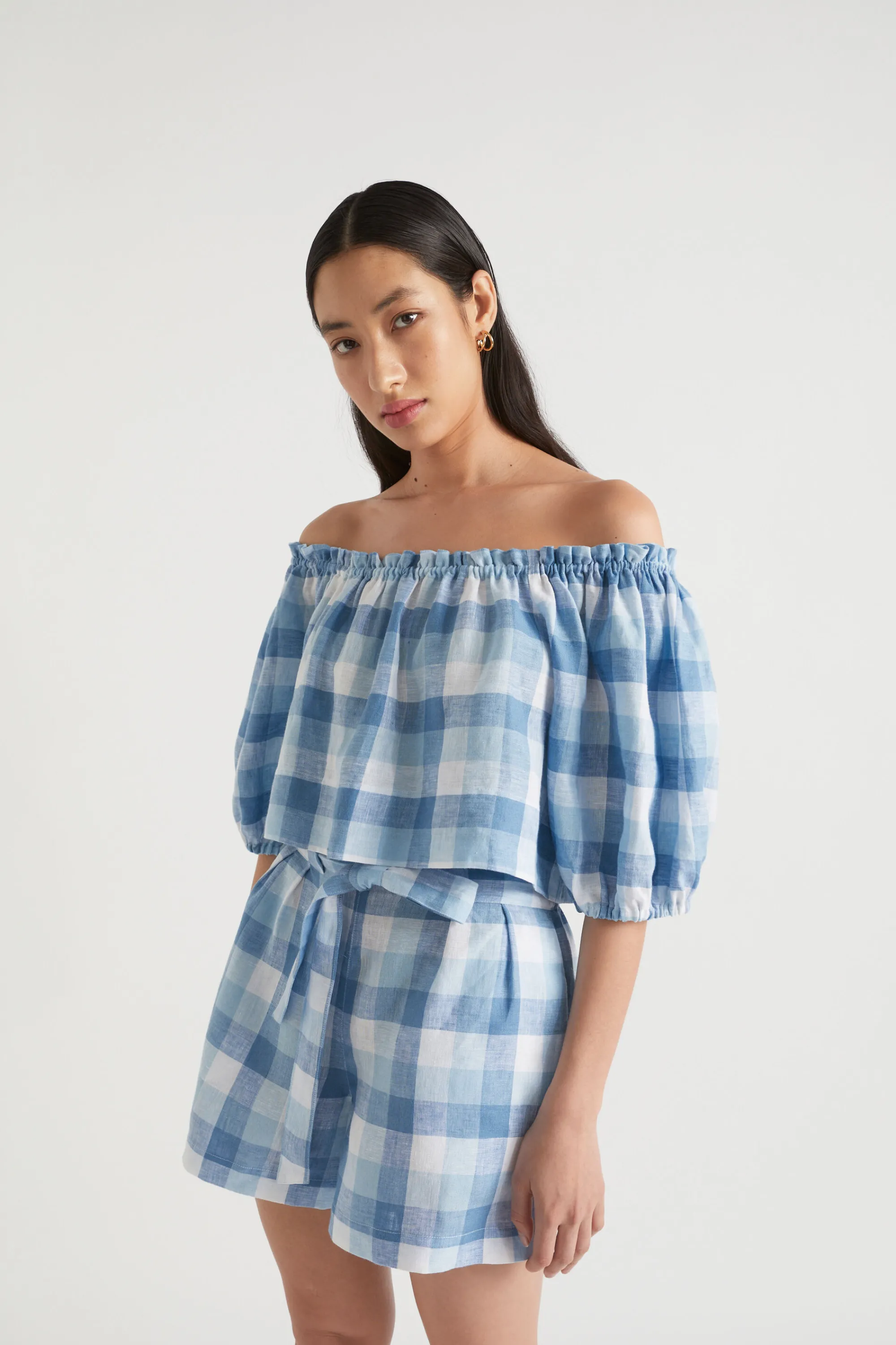 Woman Seed Heritage T-Shirts & Tops-Linen Check Swing Top