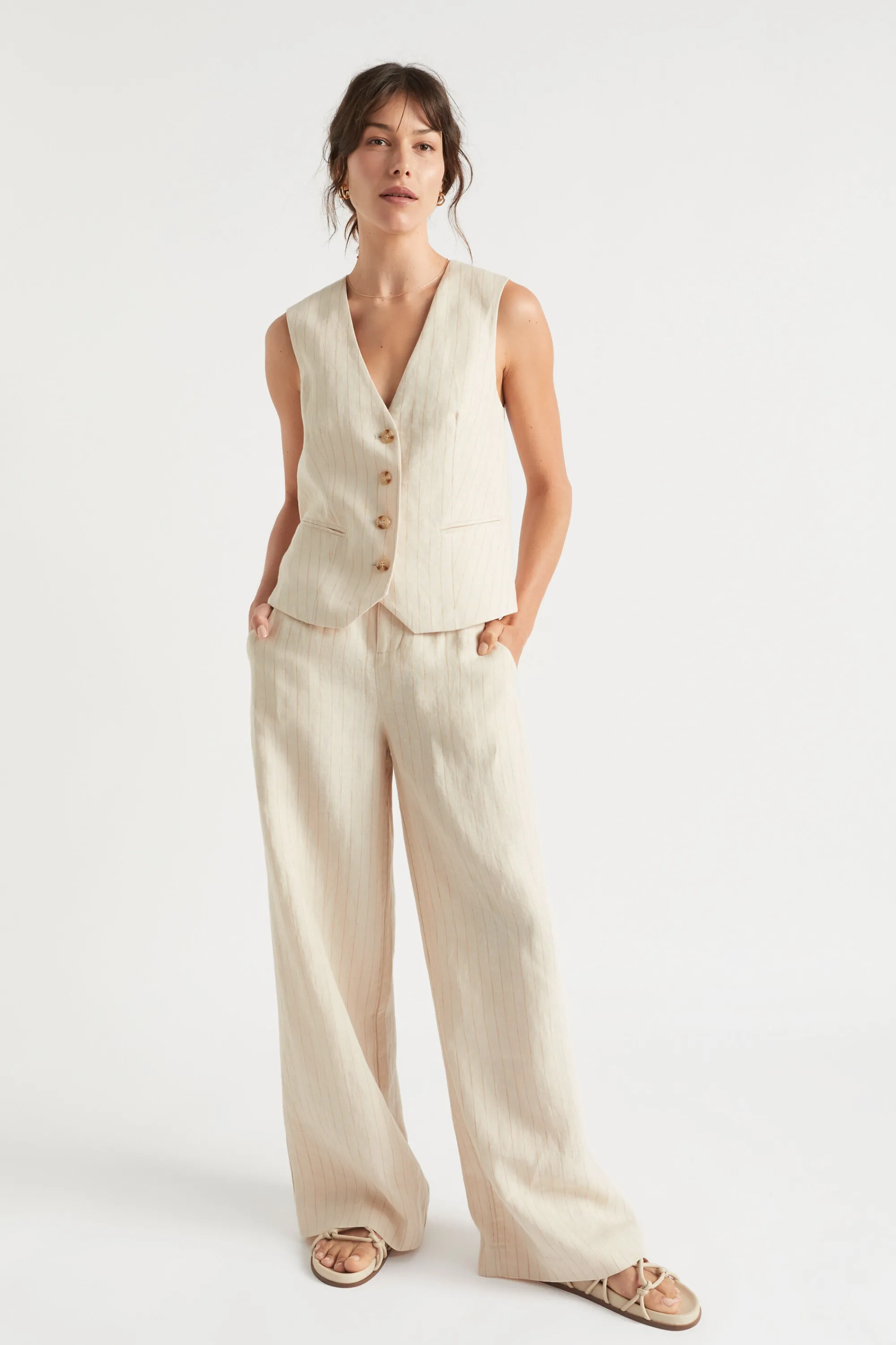 Woman Seed Heritage Pants-Linen Stripe High Waist Pant