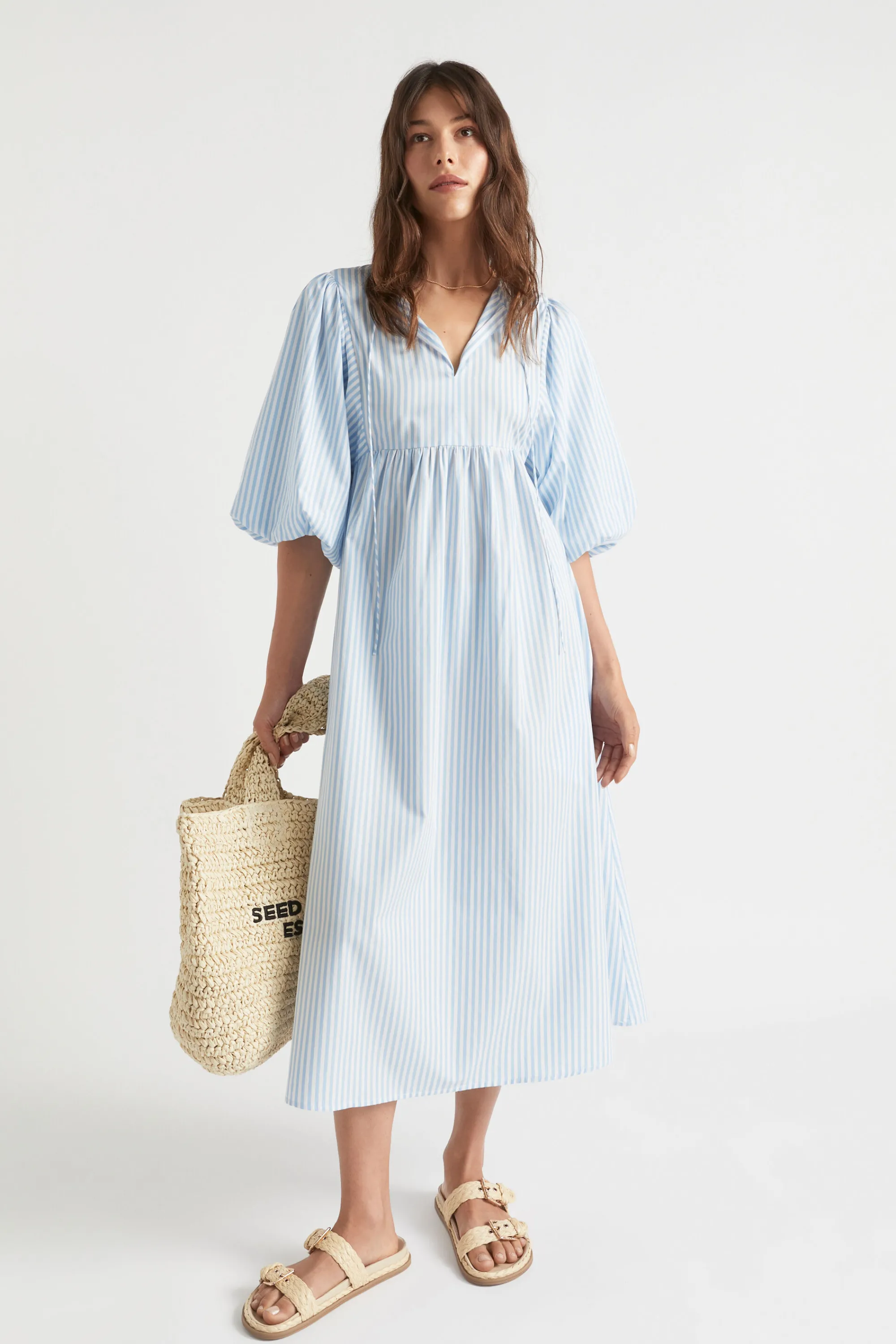 Woman Seed Heritage Dresses-Poplin Stripe Pleat Detail Midi Dress